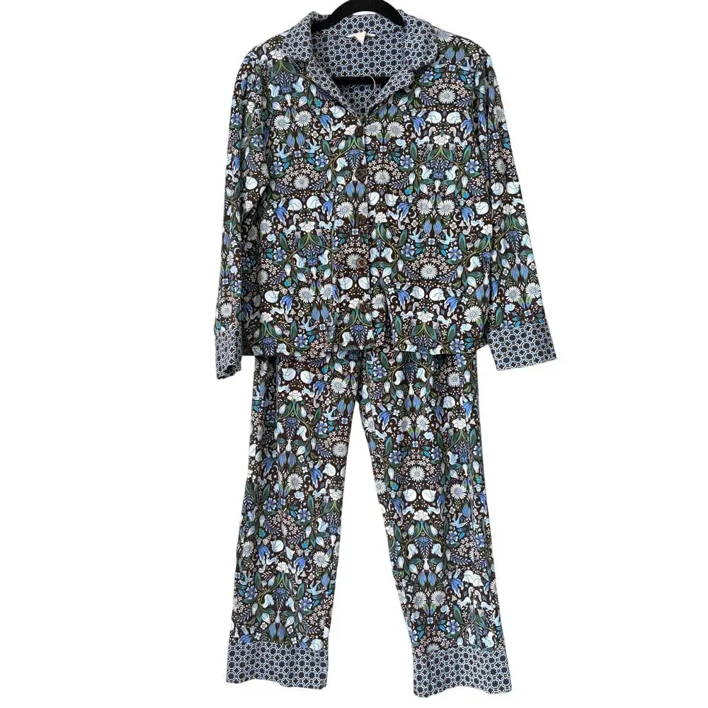 Vera Bradley 100% Cotton Forest Notch Collar Pajama Set Blue Brown Size S